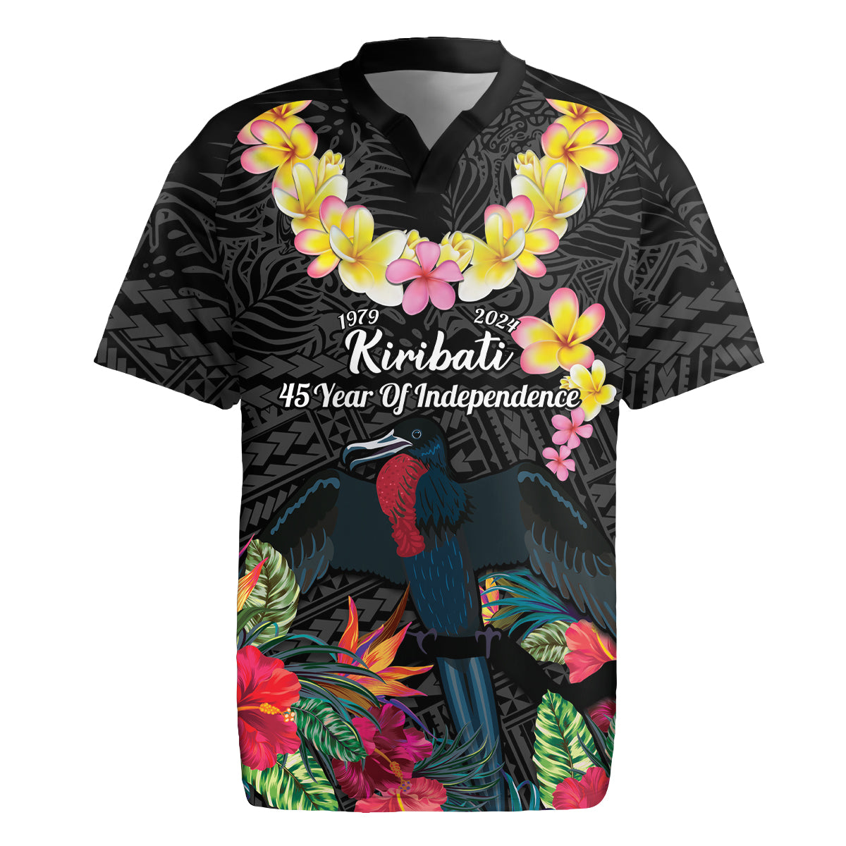 Kiribati Independence Day Rugby Jersey Frigatebird Mix Tropical Flowers - Black Style