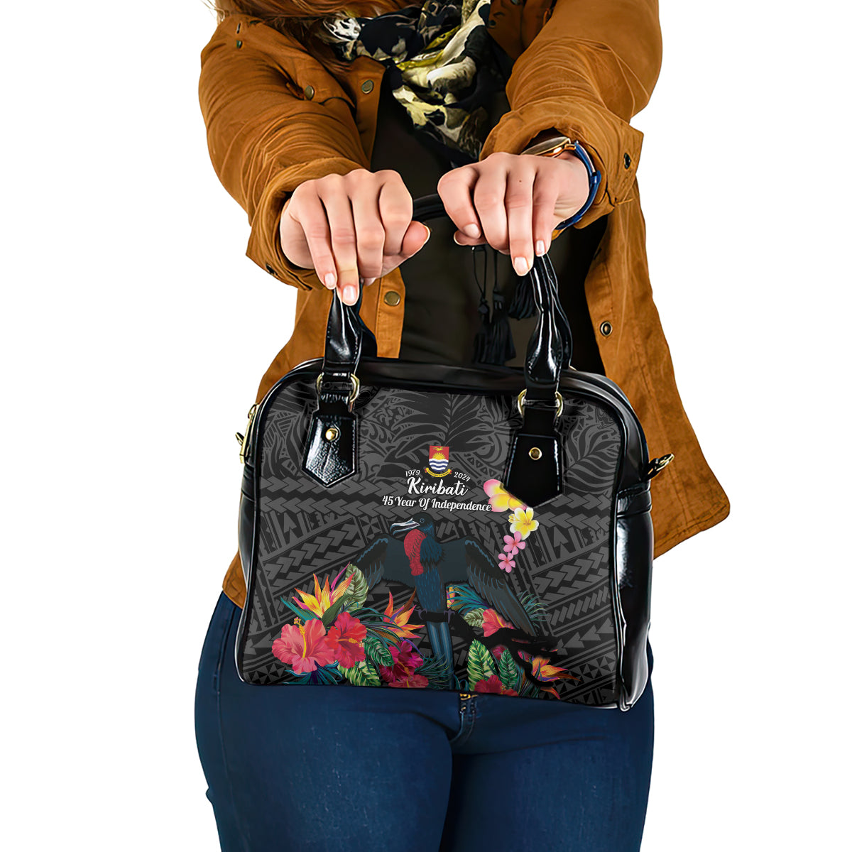 Kiribati Independence Day Shoulder Handbag Frigatebird Mix Tropical Flowers - Black Style