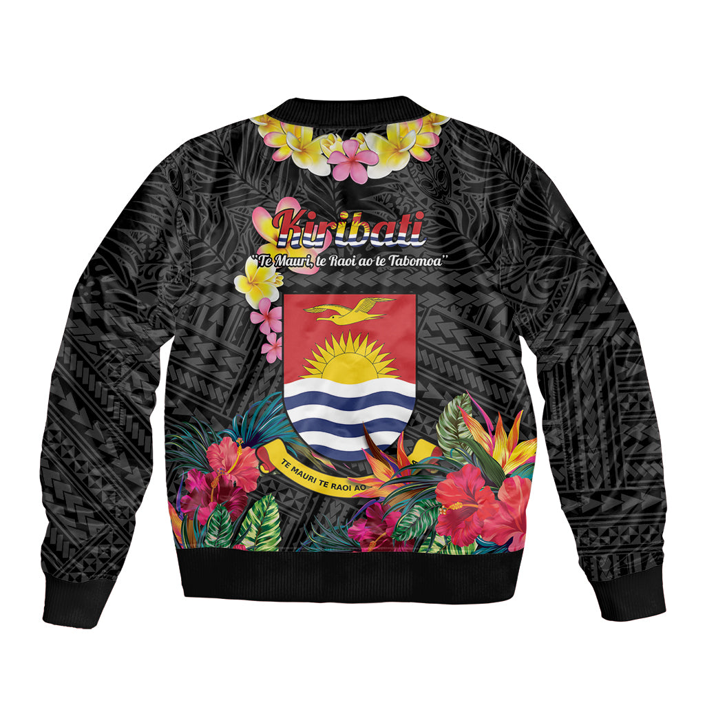 Kiribati Independence Day Sleeve Zip Bomber Jacket Frigatebird Mix Tropical Flowers - Black Style LT14 - Polynesian Pride