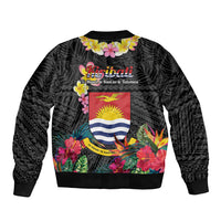 Kiribati Independence Day Sleeve Zip Bomber Jacket Frigatebird Mix Tropical Flowers - Black Style LT14 - Polynesian Pride