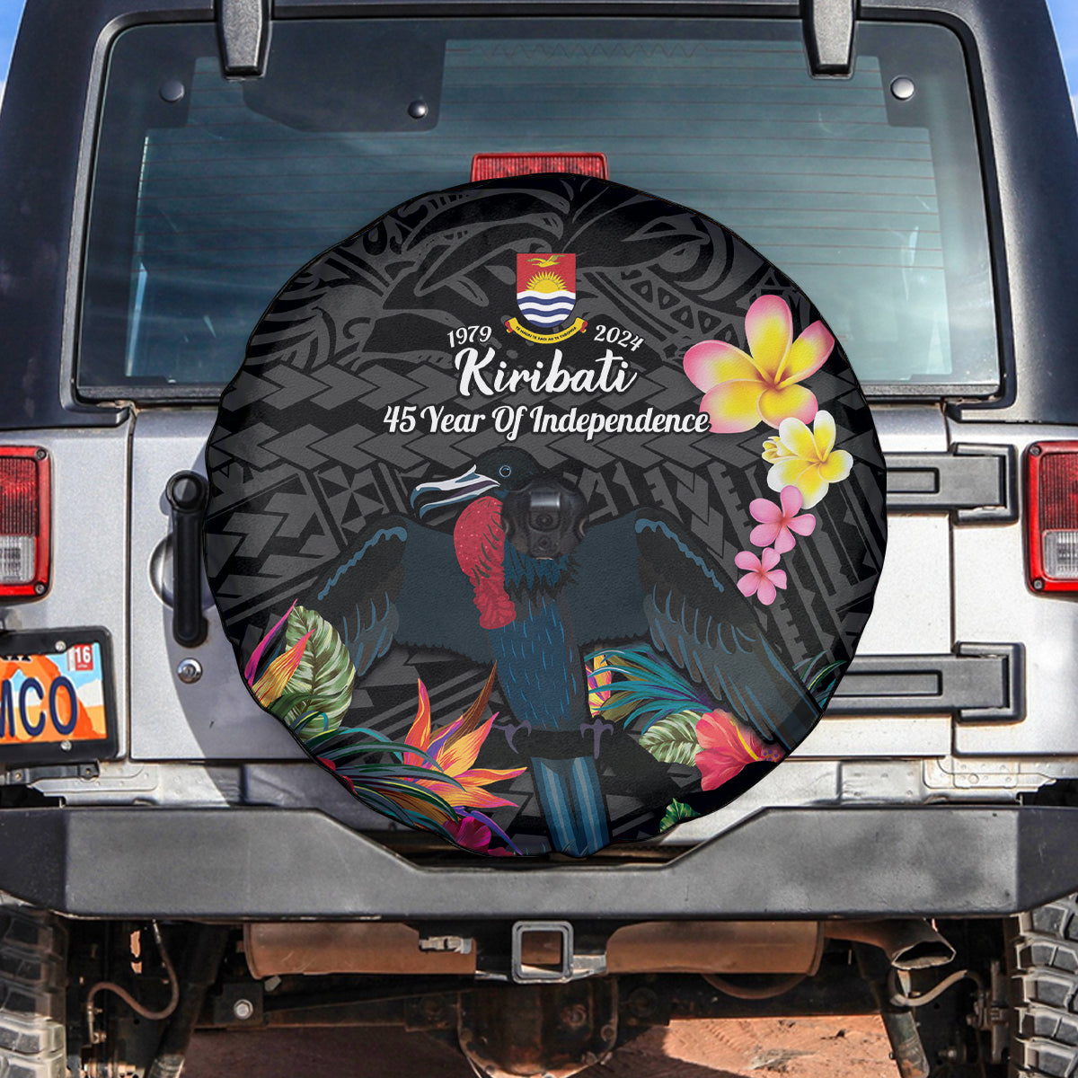 Kiribati Independence Day Spare Tire Cover Frigatebird Mix Tropical Flowers - Black Style LT14 Black - Polynesian Pride