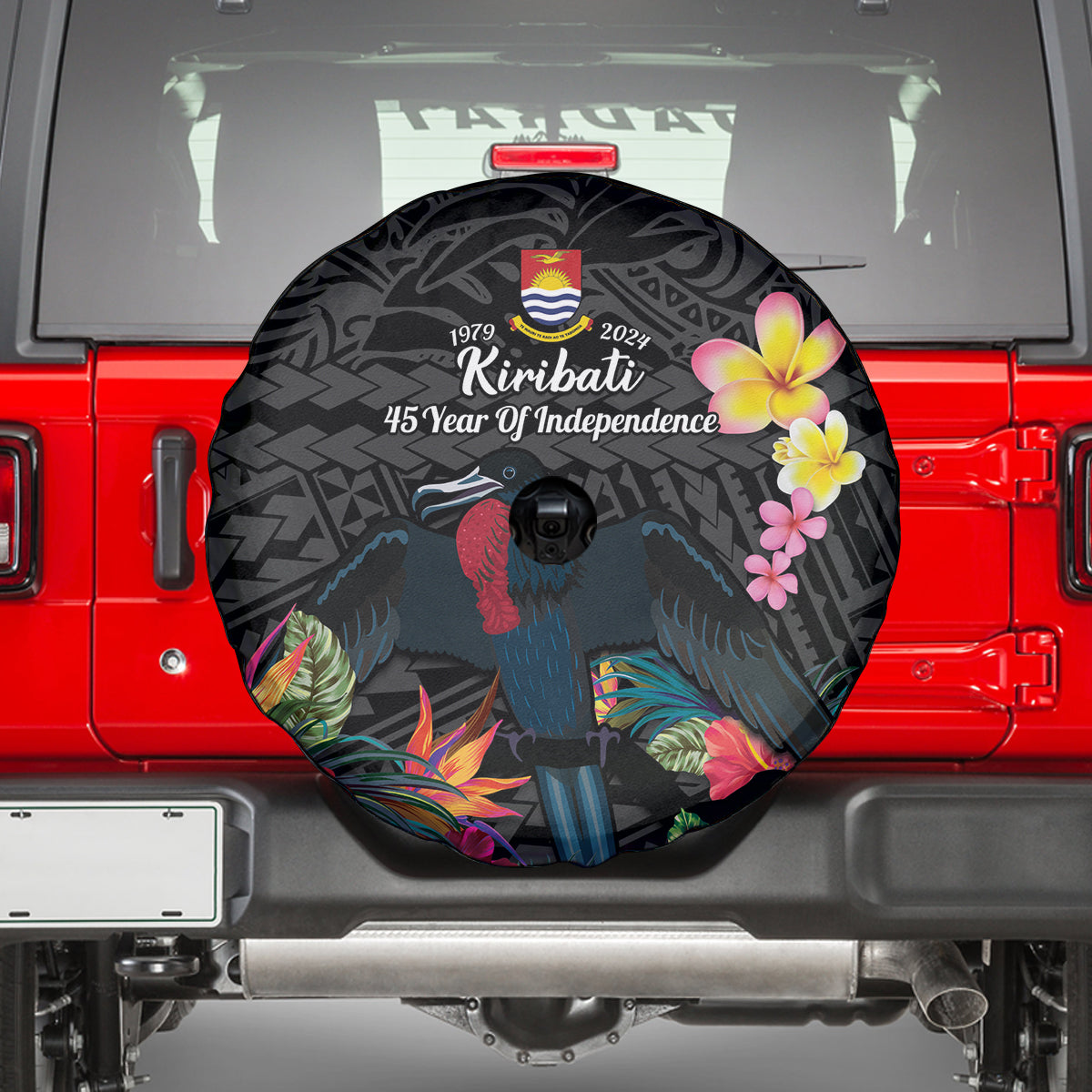 Kiribati Independence Day Spare Tire Cover Frigatebird Mix Tropical Flowers - Black Style LT14 - Polynesian Pride