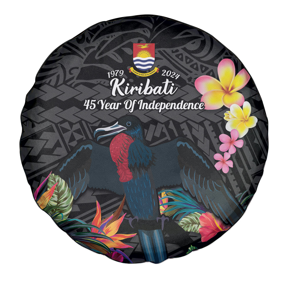 Kiribati Independence Day Spare Tire Cover Frigatebird Mix Tropical Flowers - Black Style LT14 - Polynesian Pride