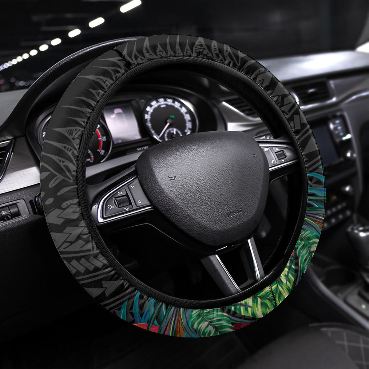 Kiribati Independence Day Steering Wheel Cover Frigatebird Mix Tropical Flowers - Black Style