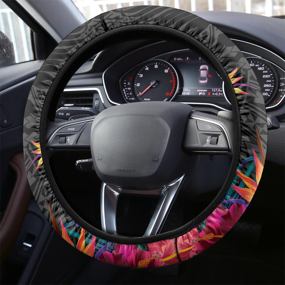 Kiribati Independence Day Steering Wheel Cover Frigatebird Mix Tropical Flowers - Black Style LT14 - Polynesian Pride