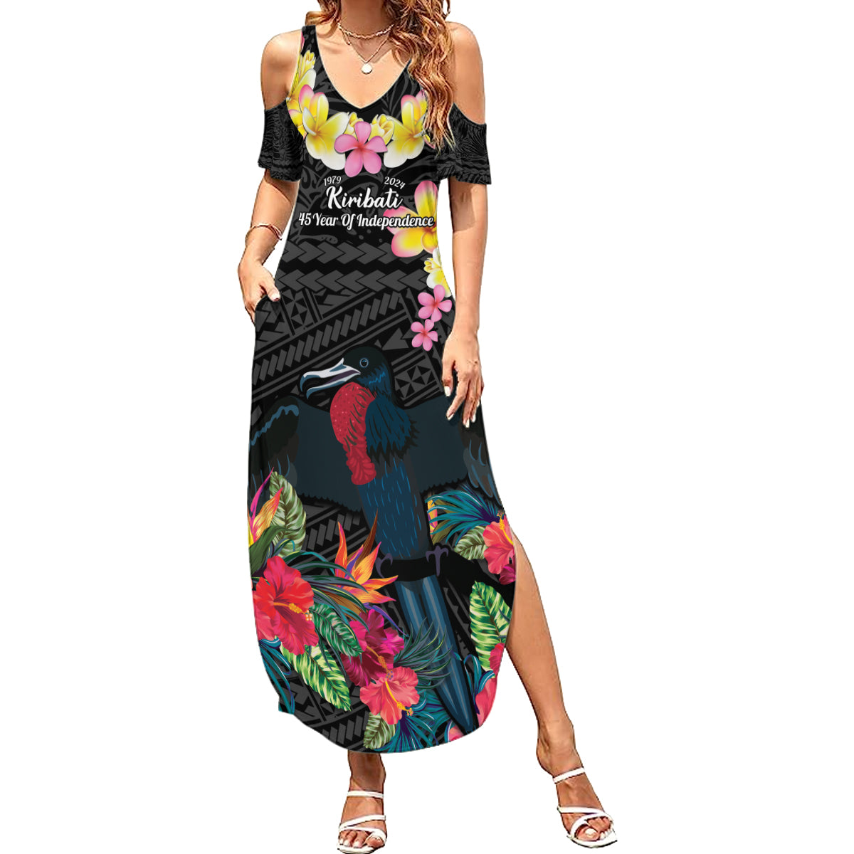 Kiribati Independence Day Summer Maxi Dress Frigatebird Mix Tropical Flowers - Black Style