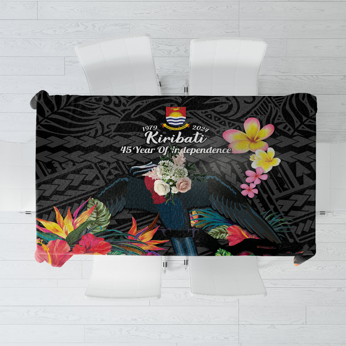 Kiribati Independence Day Tablecloth Frigatebird Mix Tropical Flowers - Black Style