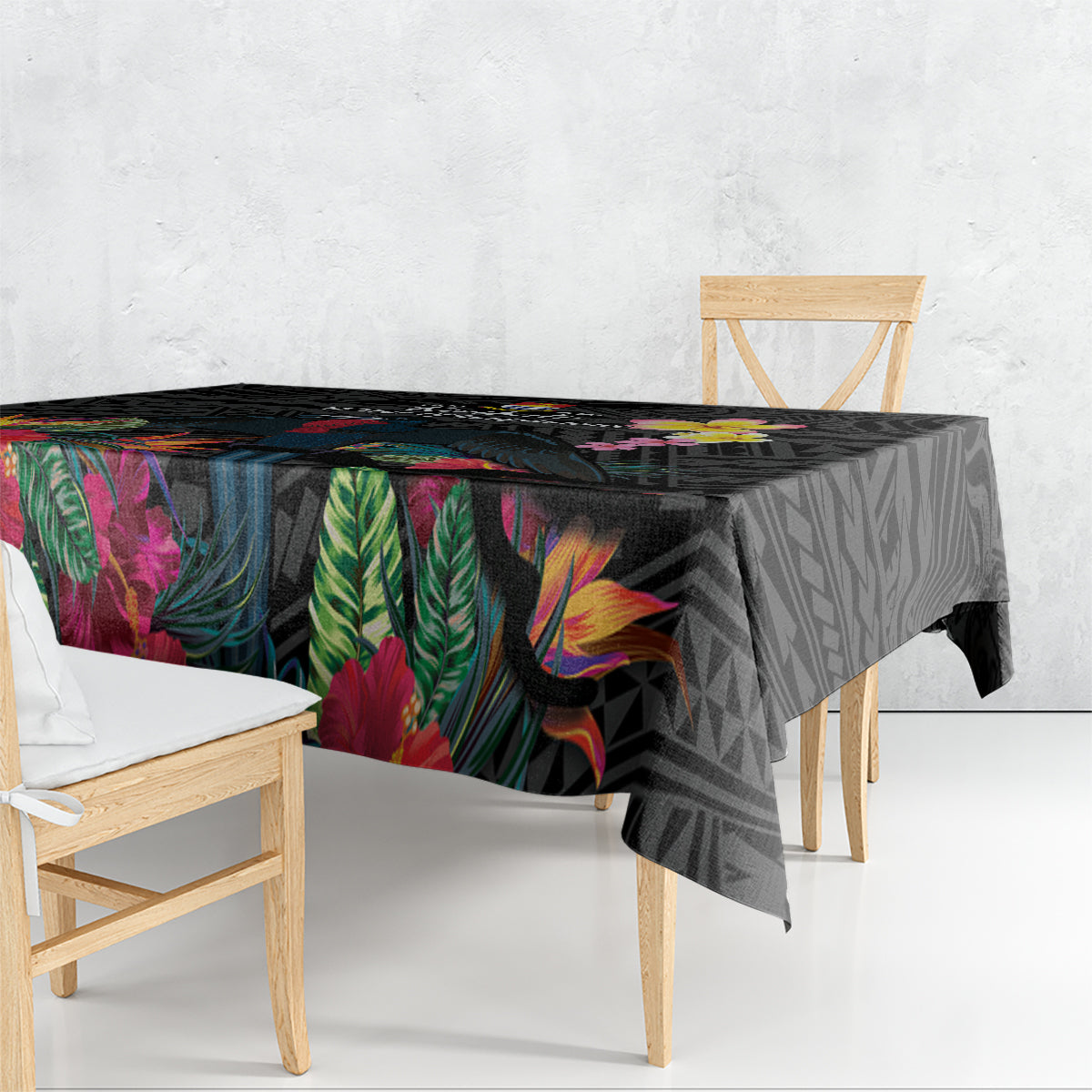 Kiribati Independence Day Tablecloth Frigatebird Mix Tropical Flowers - Black Style LT14 - Polynesian Pride