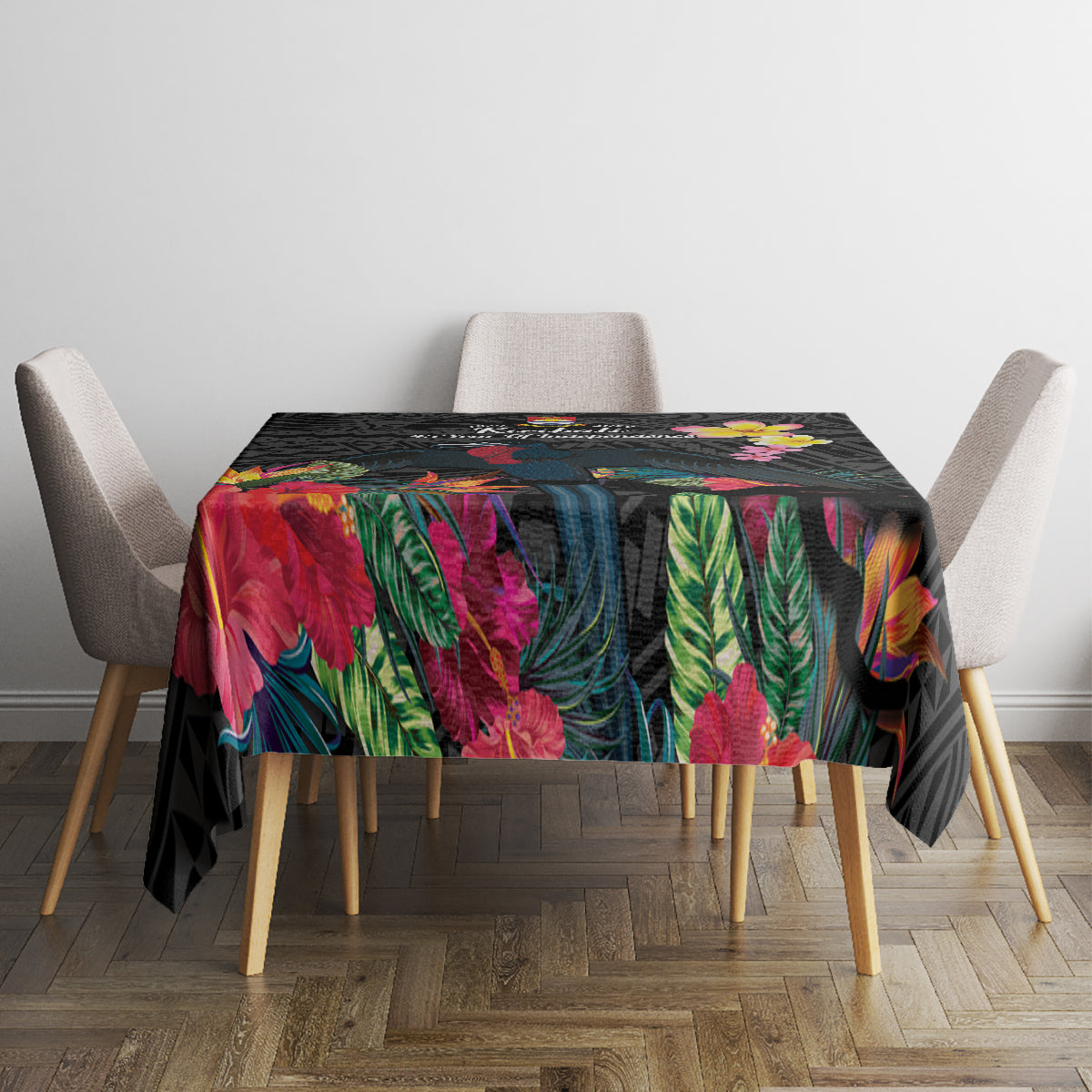 Kiribati Independence Day Tablecloth Frigatebird Mix Tropical Flowers - Black Style LT14 - Polynesian Pride