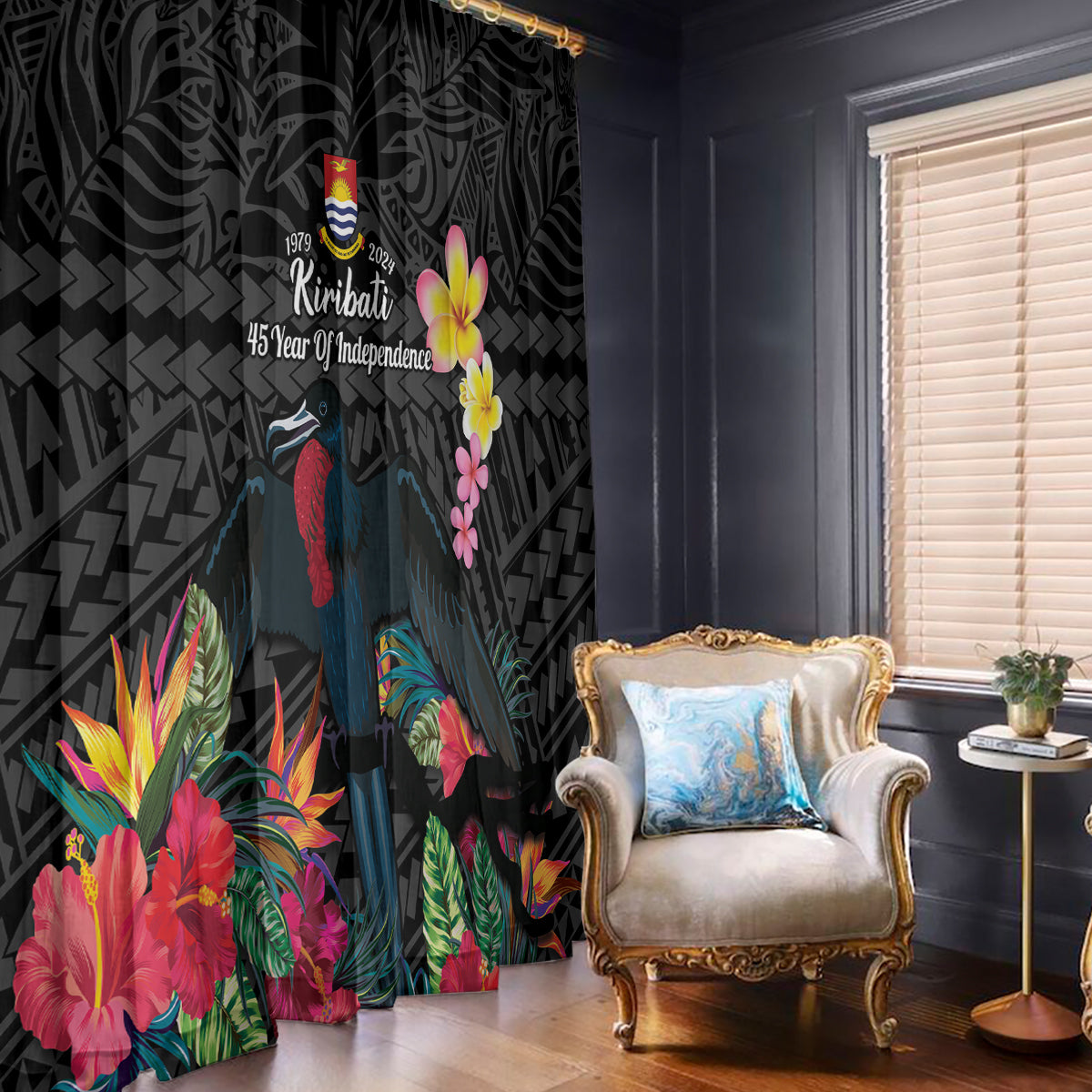 Kiribati Independence Day Window Curtain Frigatebird Mix Tropical Flowers - Black Style LT14 - Polynesian Pride