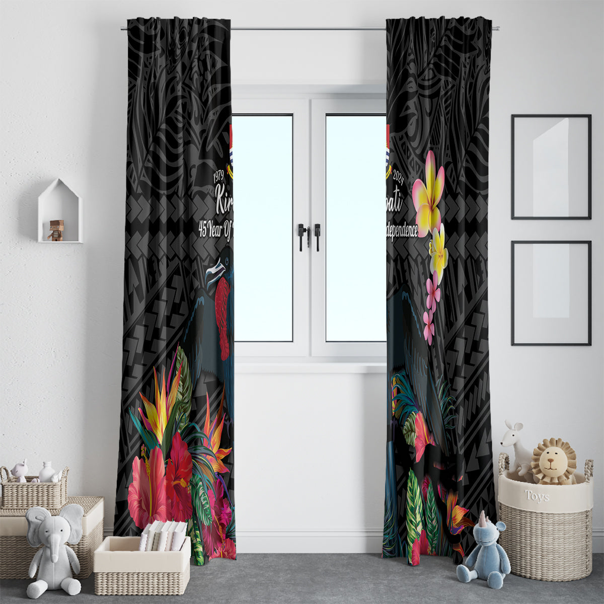 Kiribati Independence Day Window Curtain Frigatebird Mix Tropical Flowers - Black Style LT14 - Polynesian Pride
