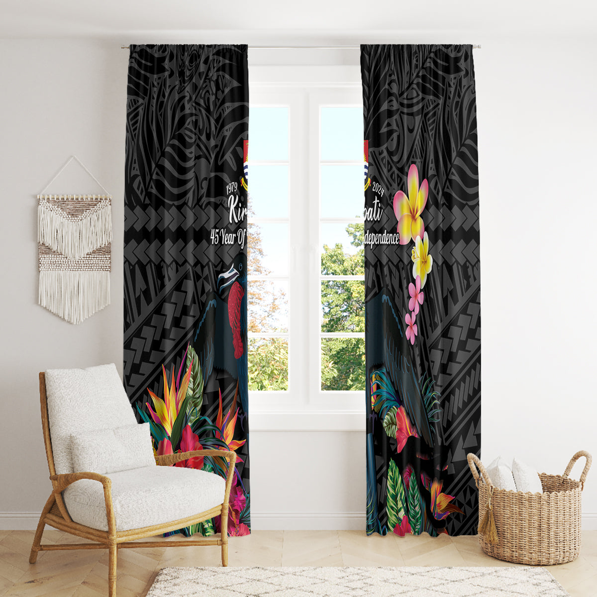 Kiribati Independence Day Window Curtain Frigatebird Mix Tropical Flowers - Black Style LT14 - Polynesian Pride