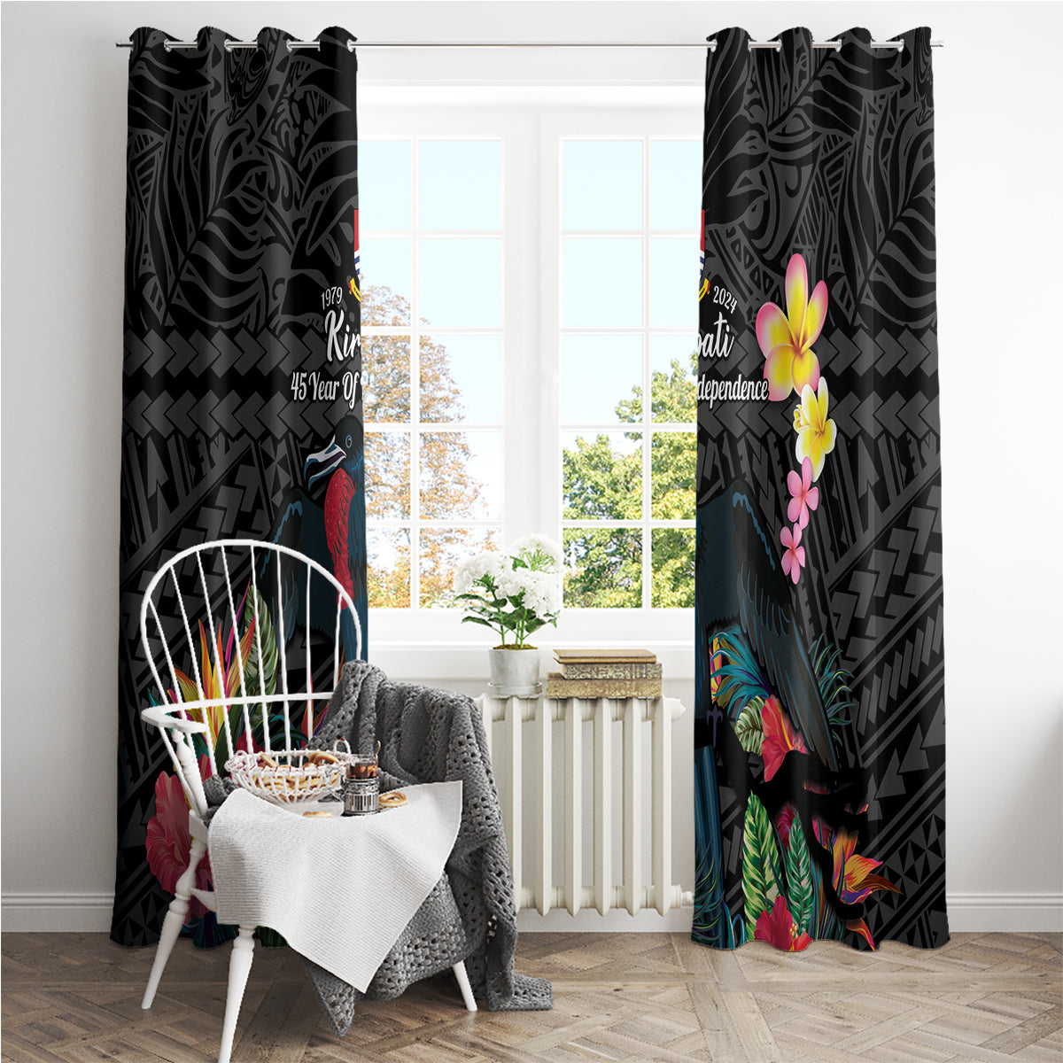 Kiribati Independence Day Window Curtain Frigatebird Mix Tropical Flowers - Black Style LT14 - Polynesian Pride