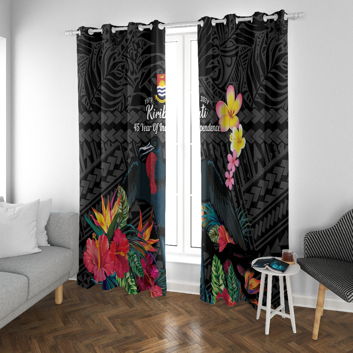 Kiribati Independence Day Window Curtain Frigatebird Mix Tropical Flowers - Black Style LT14 With Grommets Black - Polynesian Pride