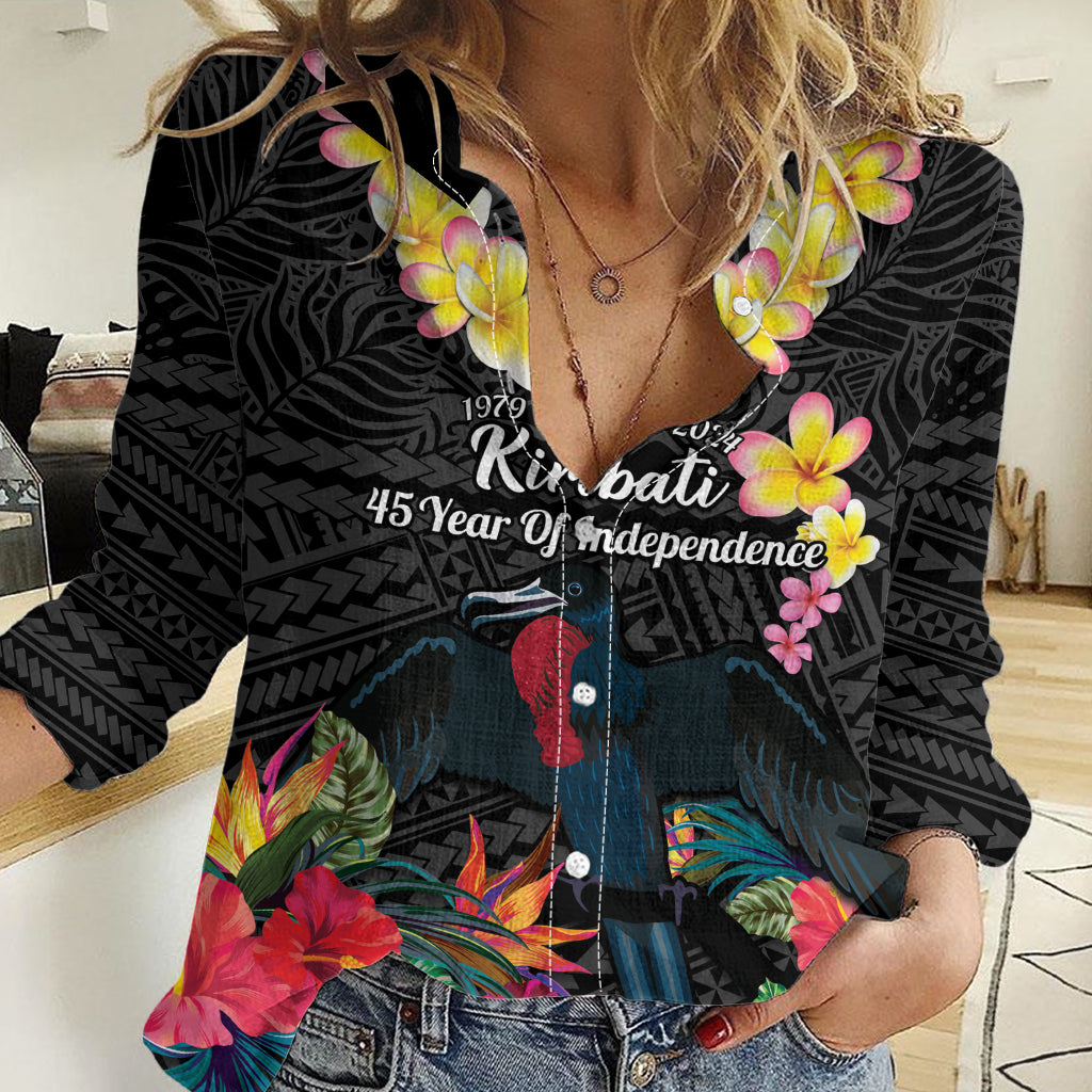 Kiribati Independence Day Women Casual Shirt Frigatebird Mix Tropical Flowers - Black Style