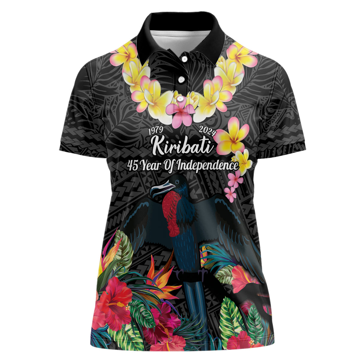 Kiribati Independence Day Women Polo Shirt Frigatebird Mix Tropical Flowers - Black Style