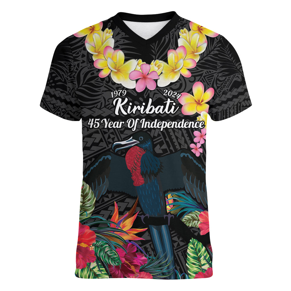 Kiribati Independence Day Women V-Neck T-Shirt Frigatebird Mix Tropical Flowers - Black Style