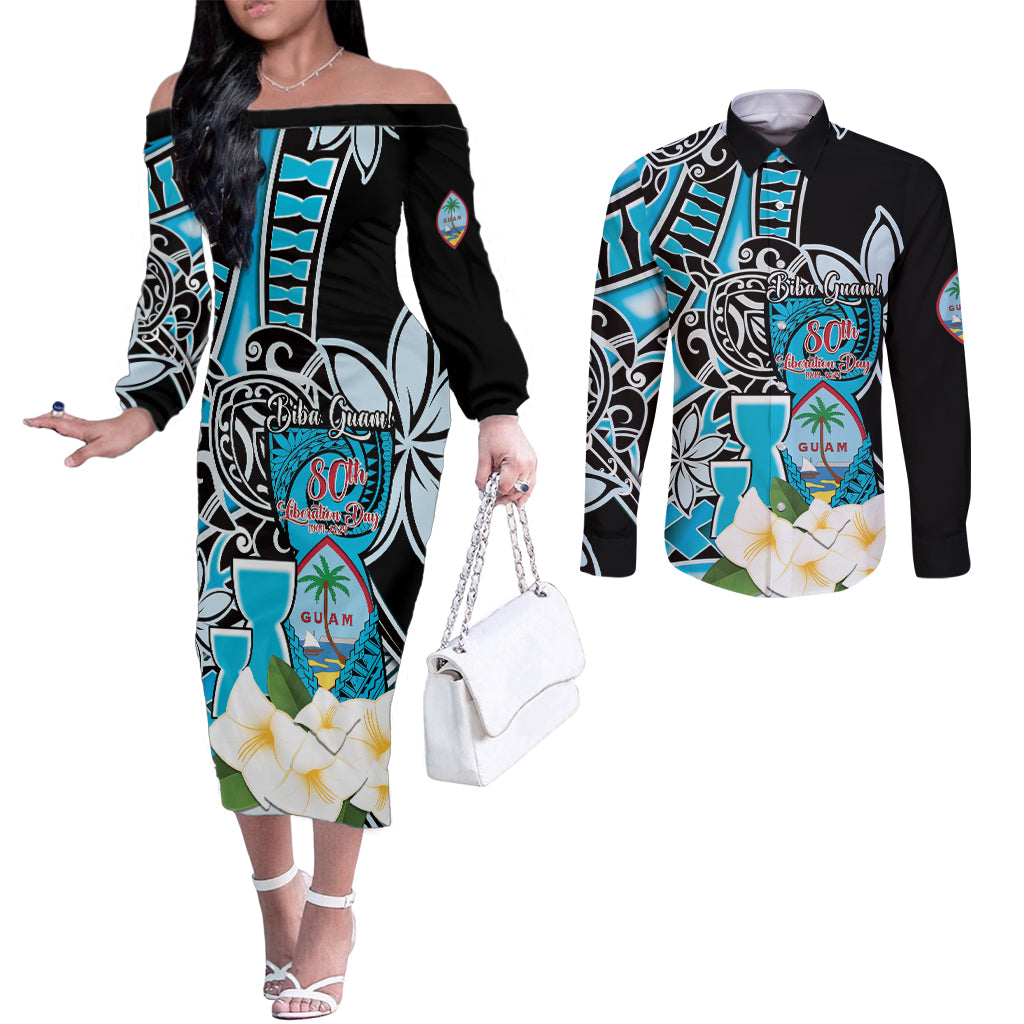 Personalised Guam Liberation Day Couples Matching Off The Shoulder Long Sleeve Dress and Long Sleeve Button Shirt Chamorro Latte Stone With Guasali Flowers