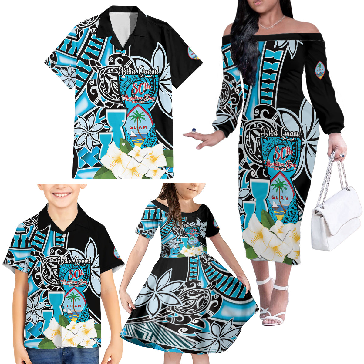 Personalised Guam Liberation Day Family Matching Off The Shoulder Long Sleeve Dress and Hawaiian Shirt Chamorro Latte Stone With Guasali Flowers