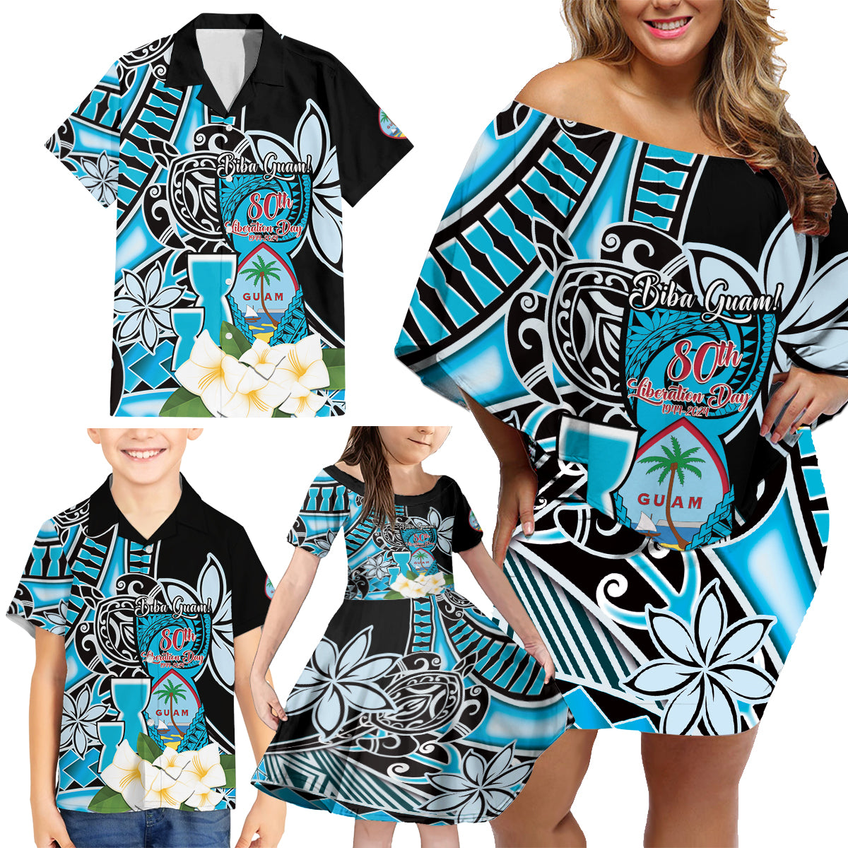 Personalised Guam Liberation Day Family Matching Off Shoulder Short Dress and Hawaiian Shirt Chamorro Latte Stone With Guasali Flowers