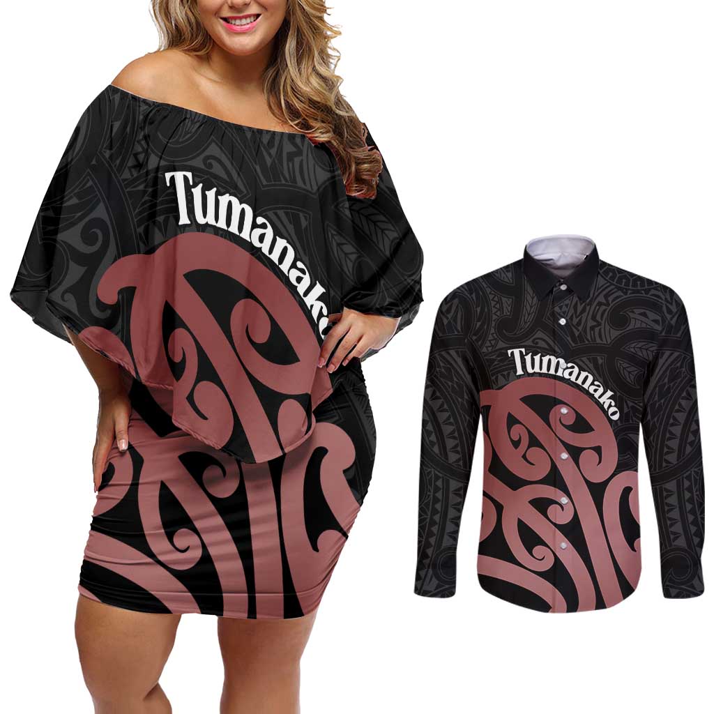 New Zealand Mangopare Tamanako Couples Matching Off Shoulder Short Dress and Long Sleeve Button Shirt Aotearoa Maori