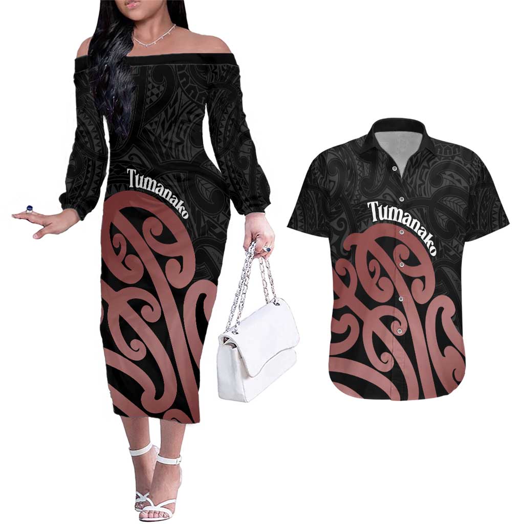 New Zealand Mangopare Tamanako Couples Matching Off The Shoulder Long Sleeve Dress and Hawaiian Shirt Aotearoa Maori LT14 Brown - Polynesian Pride