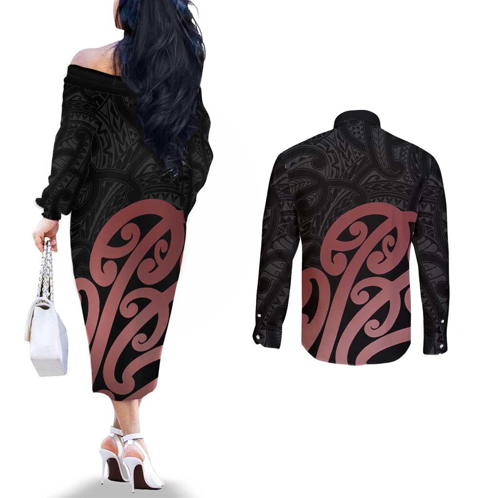 New Zealand Mangopare Tamanako Couples Matching Off The Shoulder Long Sleeve Dress and Long Sleeve Button Shirt Aotearoa Maori