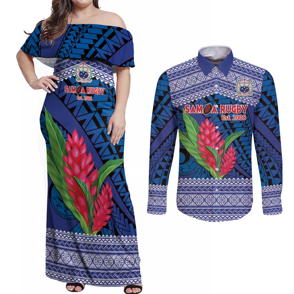 Custom Samoa Rugby Couples Matching Off Shoulder Maxi Dress and Long Sleeve Button Shirt 2024 Go Champions Samoan Gingers