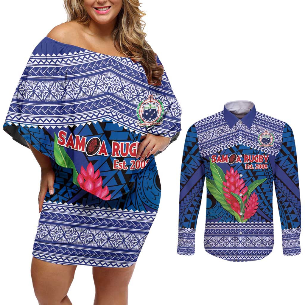 Custom Samoa Rugby Couples Matching Off Shoulder Short Dress and Long Sleeve Button Shirt 2024 Go Champions Samoan Gingers