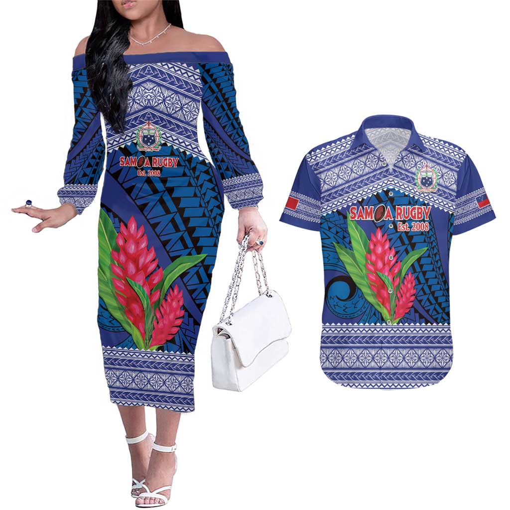 Custom Samoa Rugby Couples Matching Off The Shoulder Long Sleeve Dress and Hawaiian Shirt 2024 Go Champions Samoan Gingers