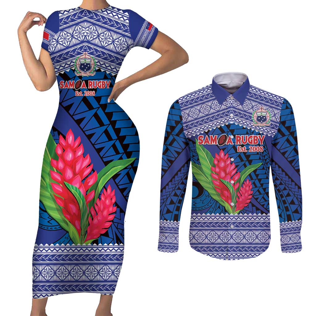 Custom Samoa Rugby Couples Matching Short Sleeve Bodycon Dress and Long Sleeve Button Shirt 2024 Go Champions Samoan Gingers