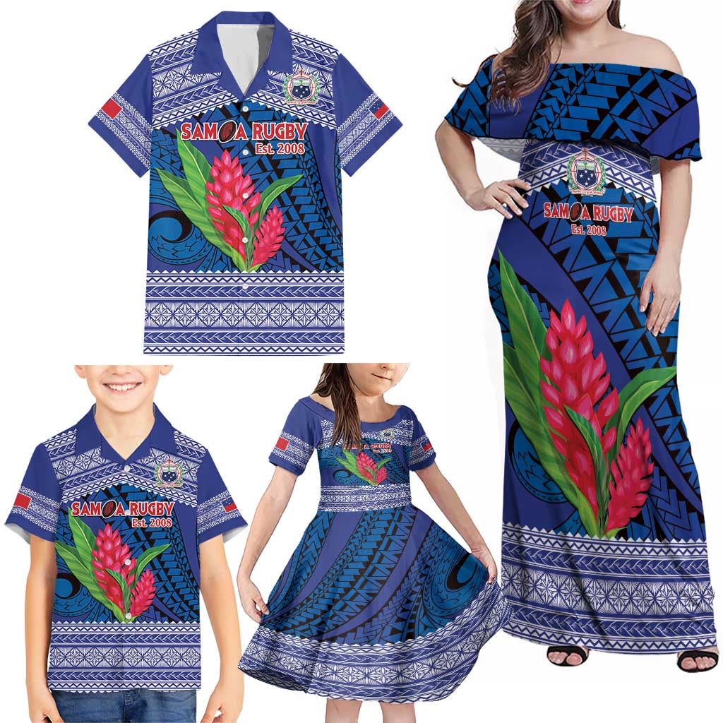 Custom Samoa Rugby Family Matching Off Shoulder Maxi Dress and Hawaiian Shirt 2024 Go Champions Samoan Gingers