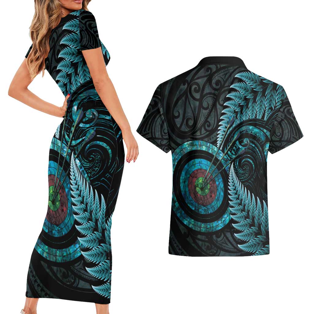 New Zealand Archery Couples Matching Short Sleeve Bodycon Dress and Hawaiian Shirt Aotearoa Silver Fern Maori - Polynesian Pride
