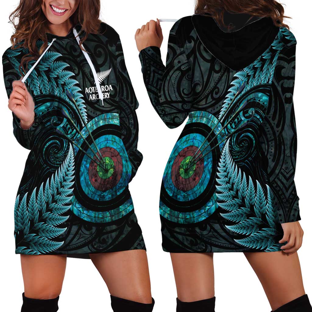 New Zealand Archery Hoodie Dress Aotearoa Silver Fern Maori - Polynesian Pride