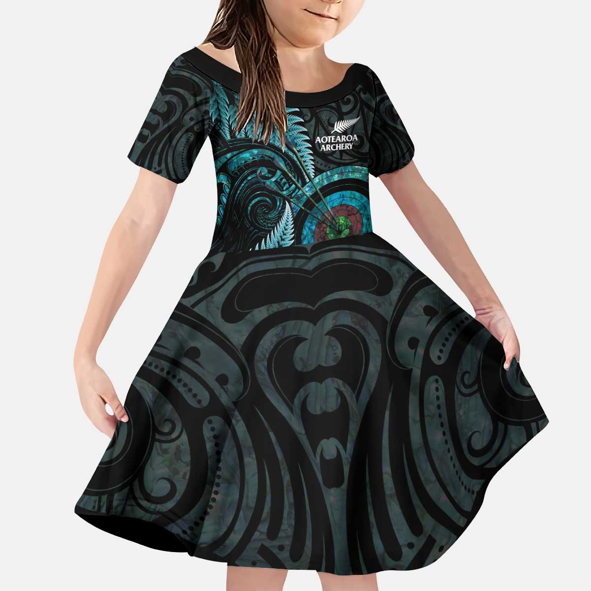 New Zealand Archery Kid Short Sleeve Dress Aotearoa Silver Fern Maori - Polynesian Pride