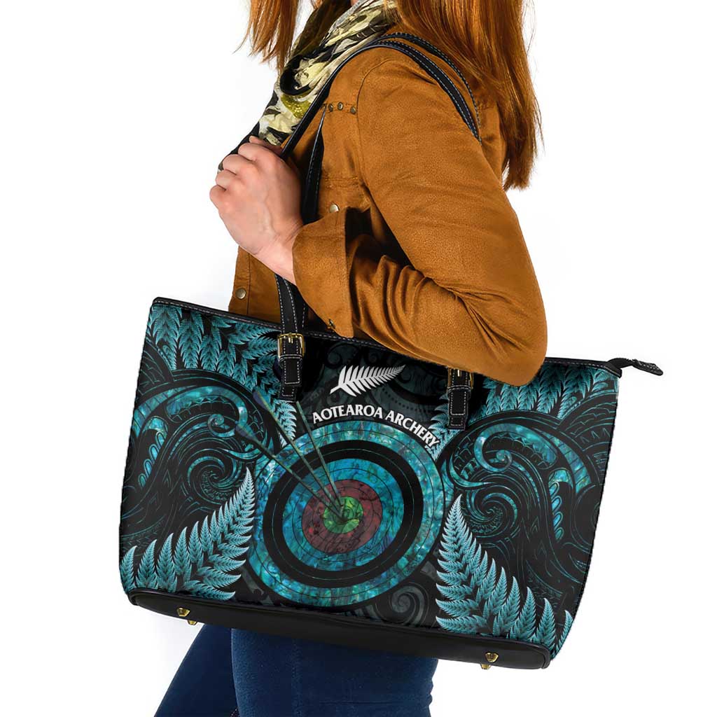 New Zealand Archery Leather Tote Bag Aotearoa Silver Fern Maori LT14 Turquoise - Polynesian Pride