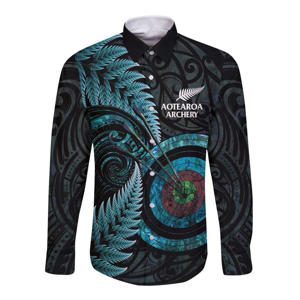 New Zealand Archery Long Sleeve Button Shirt Aotearoa Silver Fern Maori LT14 Unisex Turquoise - Polynesian Pride