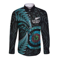 New Zealand Archery Long Sleeve Button Shirt Aotearoa Silver Fern Maori LT14 Unisex Turquoise - Polynesian Pride