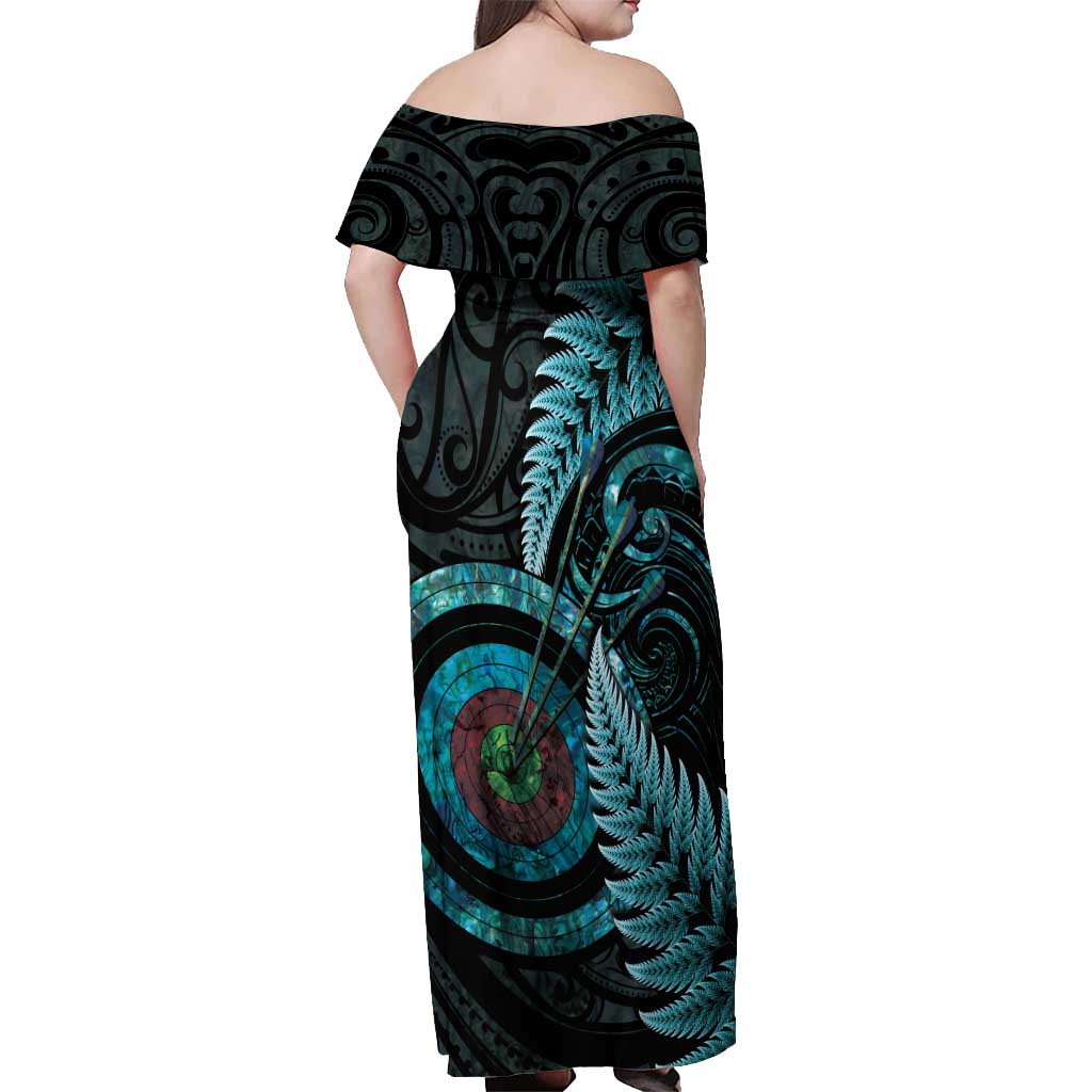 New Zealand Archery Off Shoulder Maxi Dress Aotearoa Silver Fern Maori - Polynesian Pride