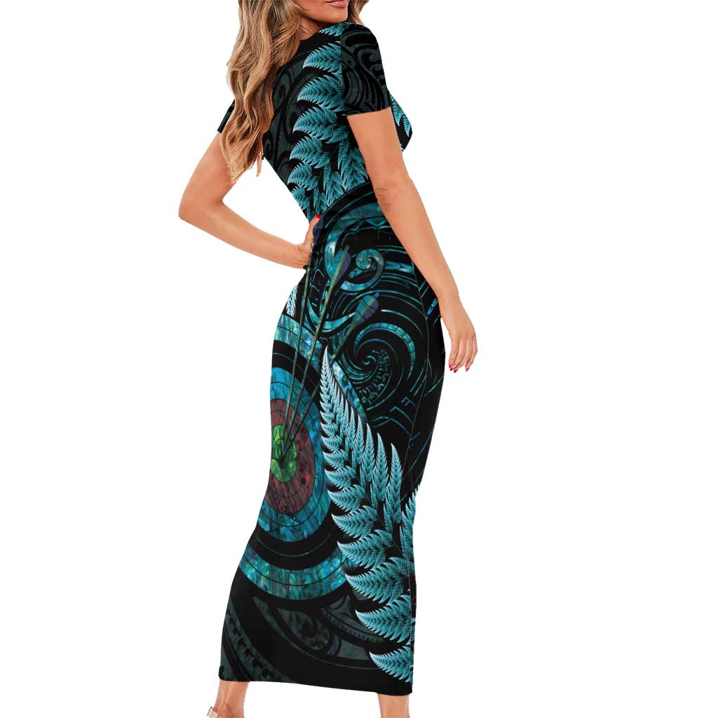 New Zealand Archery Short Sleeve Bodycon Dress Aotearoa Silver Fern Maori - Polynesian Pride