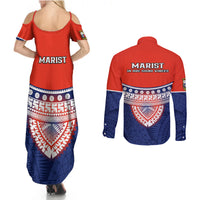 Fiji School Couples Matching Summer Maxi Dress and Long Sleeve Button Shirts Marist Brothers Fijian Tapa Pattern LT14 - Polynesian Pride