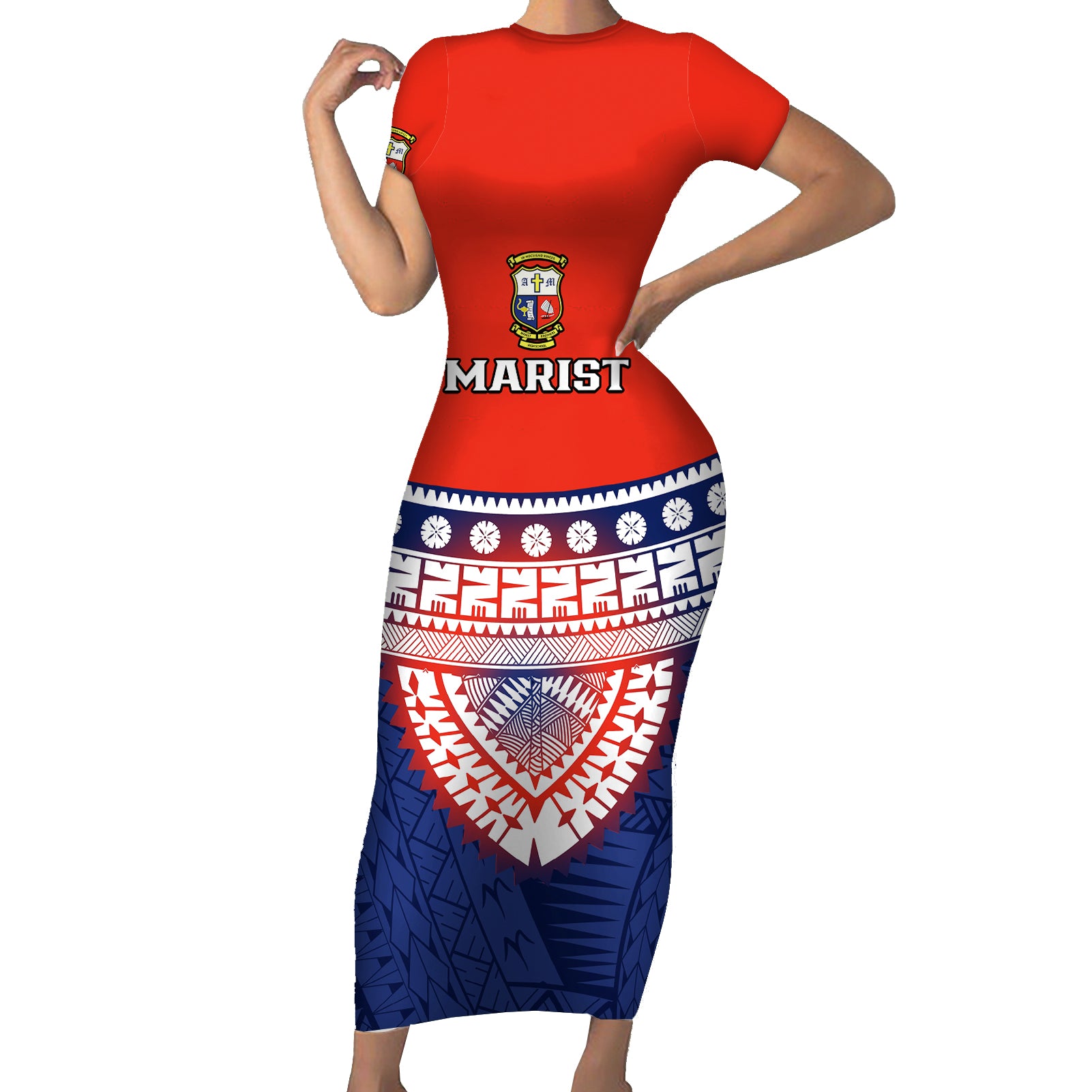 Fiji School Short Sleeve Bodycon Dress Marist Brothers Fijian Tapa Pattern LT14 Long Dress Blue - Polynesian Pride