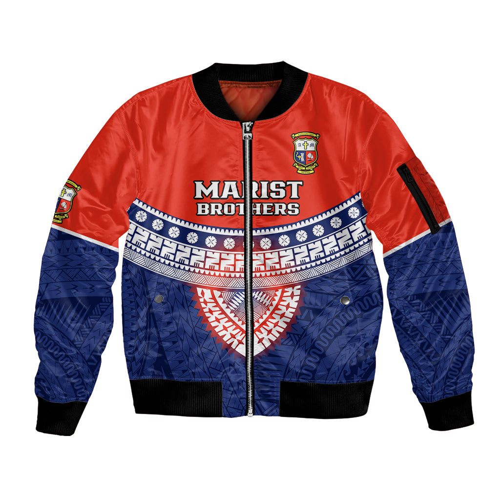 Custom Fiji School Sleeve Zip Bomber Jacket Marist Brothers Fijian Tapa Pattern LT14 Unisex Blue - Polynesian Pride