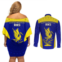 Fiji School Couples Matching Off Shoulder Short Dress and Long Sleeve Button Shirts Ratu Kadavulevu Heron With Fijian Tapa LT14 - Polynesian Pride