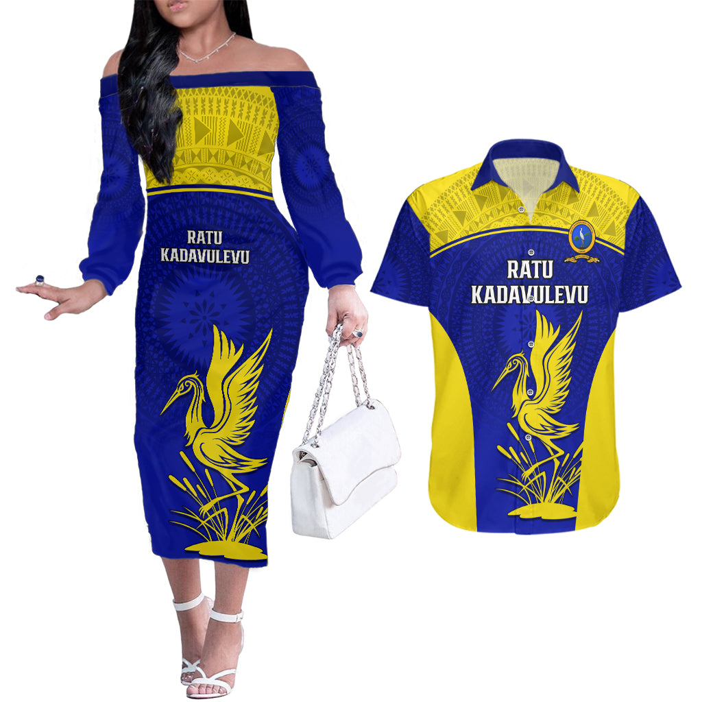 Fiji School Couples Matching Off The Shoulder Long Sleeve Dress and Hawaiian Shirt Ratu Kadavulevu Heron With Fijian Tapa LT14 Gold - Polynesian Pride