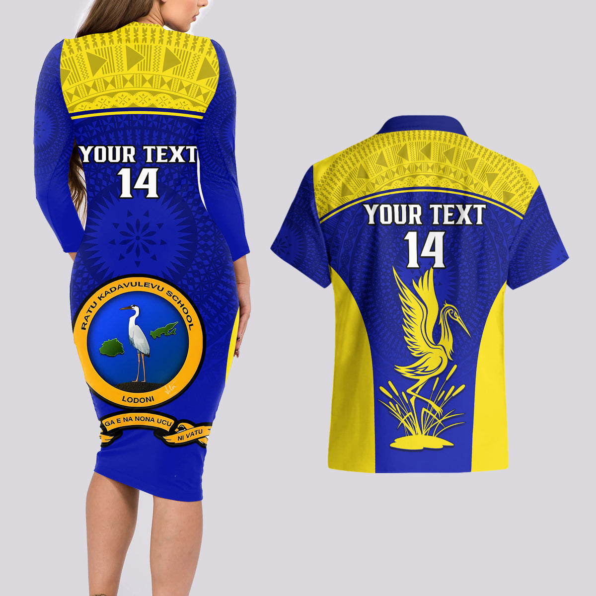 Custom Fiji School Couples Matching Long Sleeve Bodycon Dress and Hawaiian Shirt Ratu Kadavulevu Heron With Fijian Tapa LT14 - Polynesian Pride