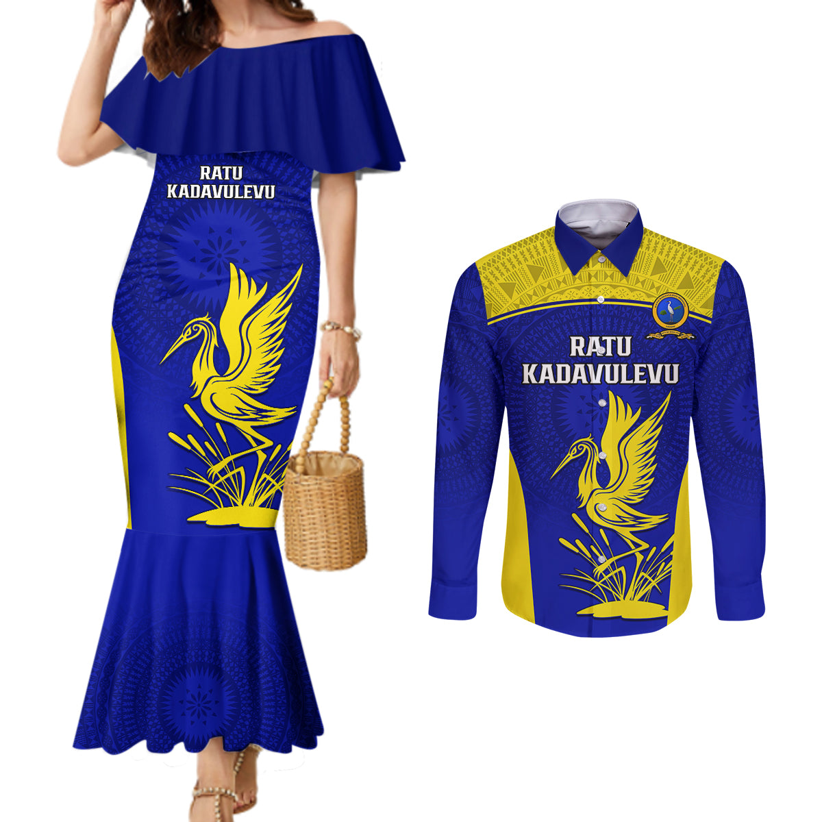 Custom Fiji School Couples Matching Mermaid Dress and Long Sleeve Button Shirts Ratu Kadavulevu Heron With Fijian Tapa LT14 Gold - Polynesian Pride