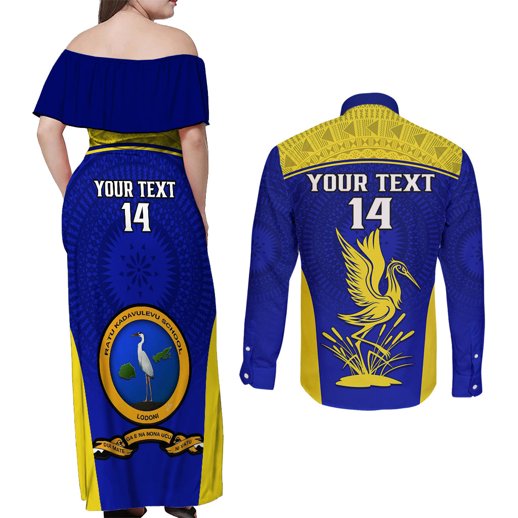 Custom Fiji School Couples Matching Off Shoulder Maxi Dress and Long Sleeve Button Shirts Ratu Kadavulevu Heron With Fijian Tapa LT14 - Polynesian Pride