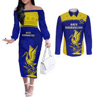 Custom Fiji School Couples Matching Off The Shoulder Long Sleeve Dress and Long Sleeve Button Shirts Ratu Kadavulevu Heron With Fijian Tapa LT14 Gold - Polynesian Pride
