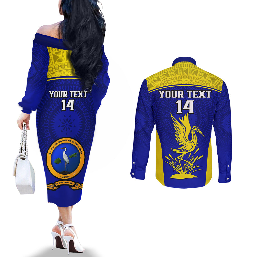 Custom Fiji School Couples Matching Off The Shoulder Long Sleeve Dress and Long Sleeve Button Shirts Ratu Kadavulevu Heron With Fijian Tapa LT14 - Polynesian Pride